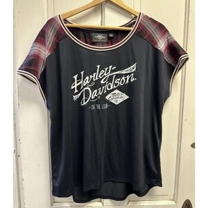 Harley Davidson Black Cap Sleeve Tee With Plaid Accent Trim Women’s Size XL